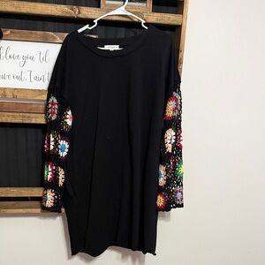 Black Sweater with Colorful Crochet Sleeves